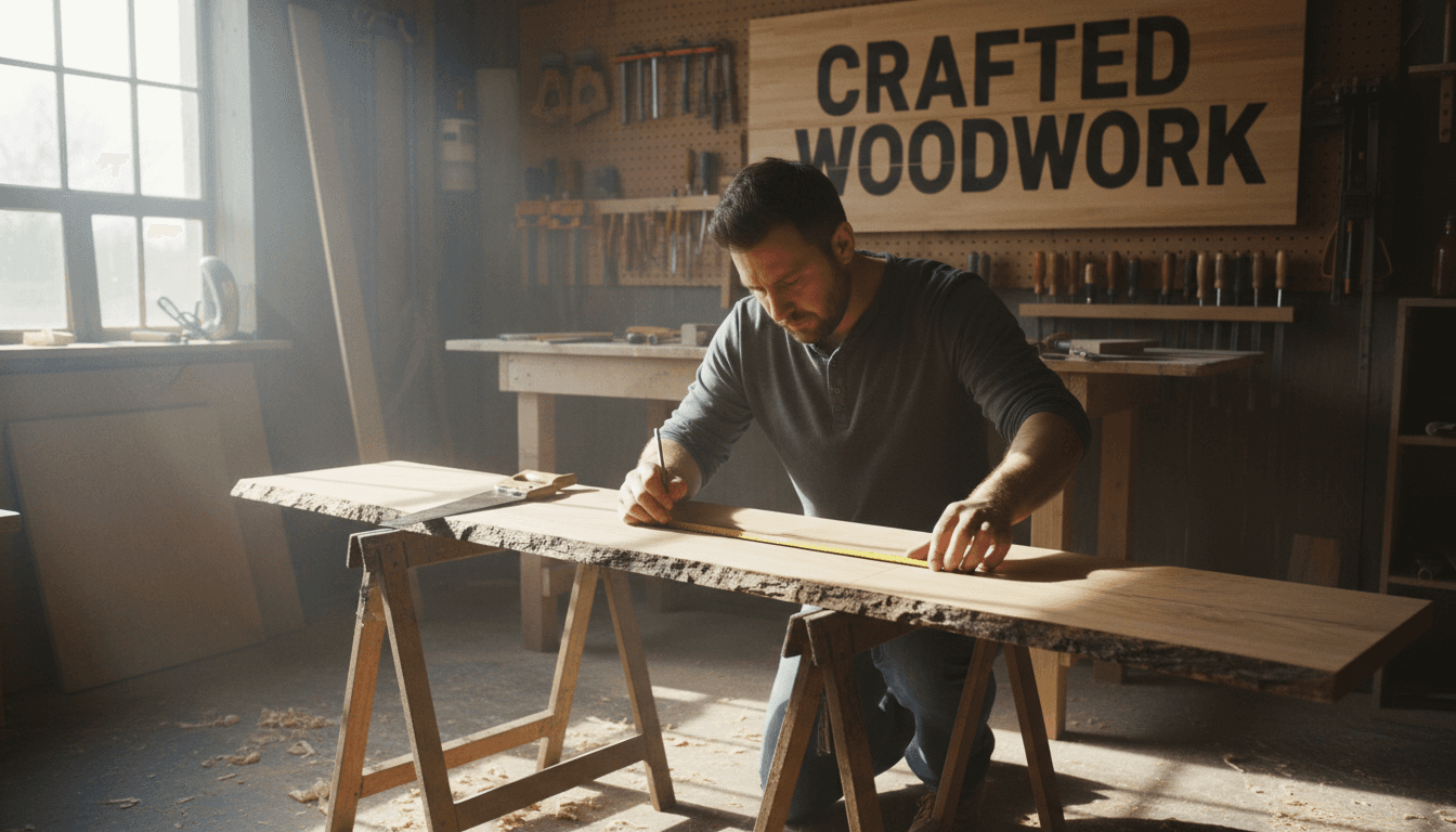 Carpenter measuring and marking a piece of wood in a workshop