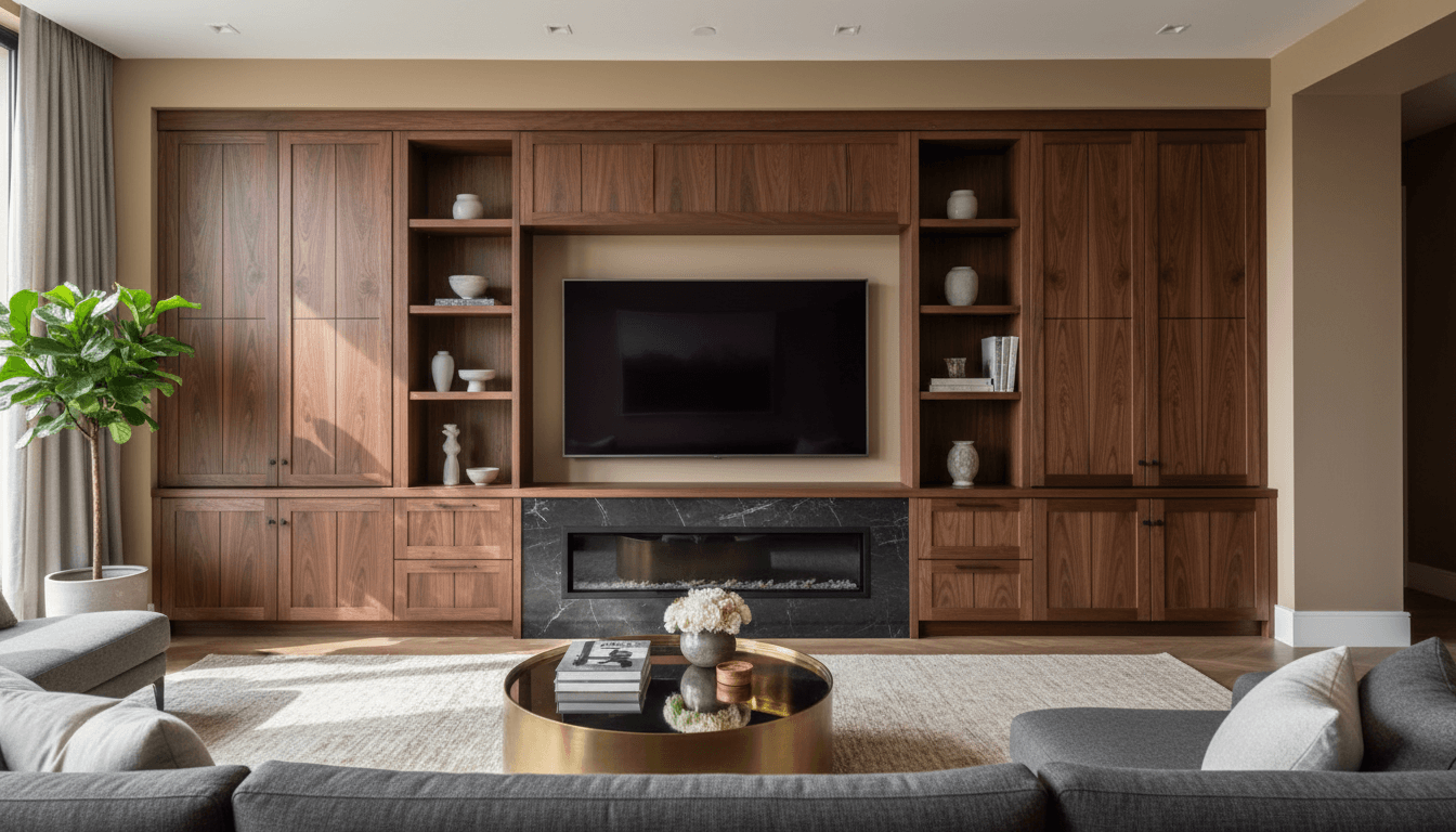 Finished custom woodwork cabinet with precise joinery in a stylish living room