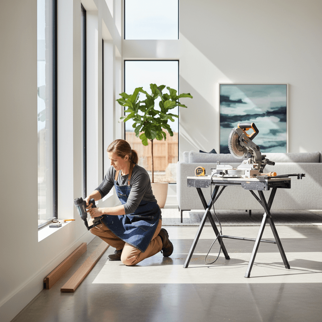 Carpenter installing wooden trim in a bright modern home interior