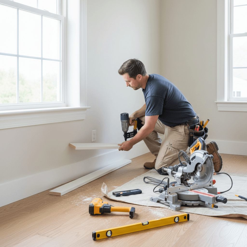 Carpenter installing white window trim and baseboard in bright room