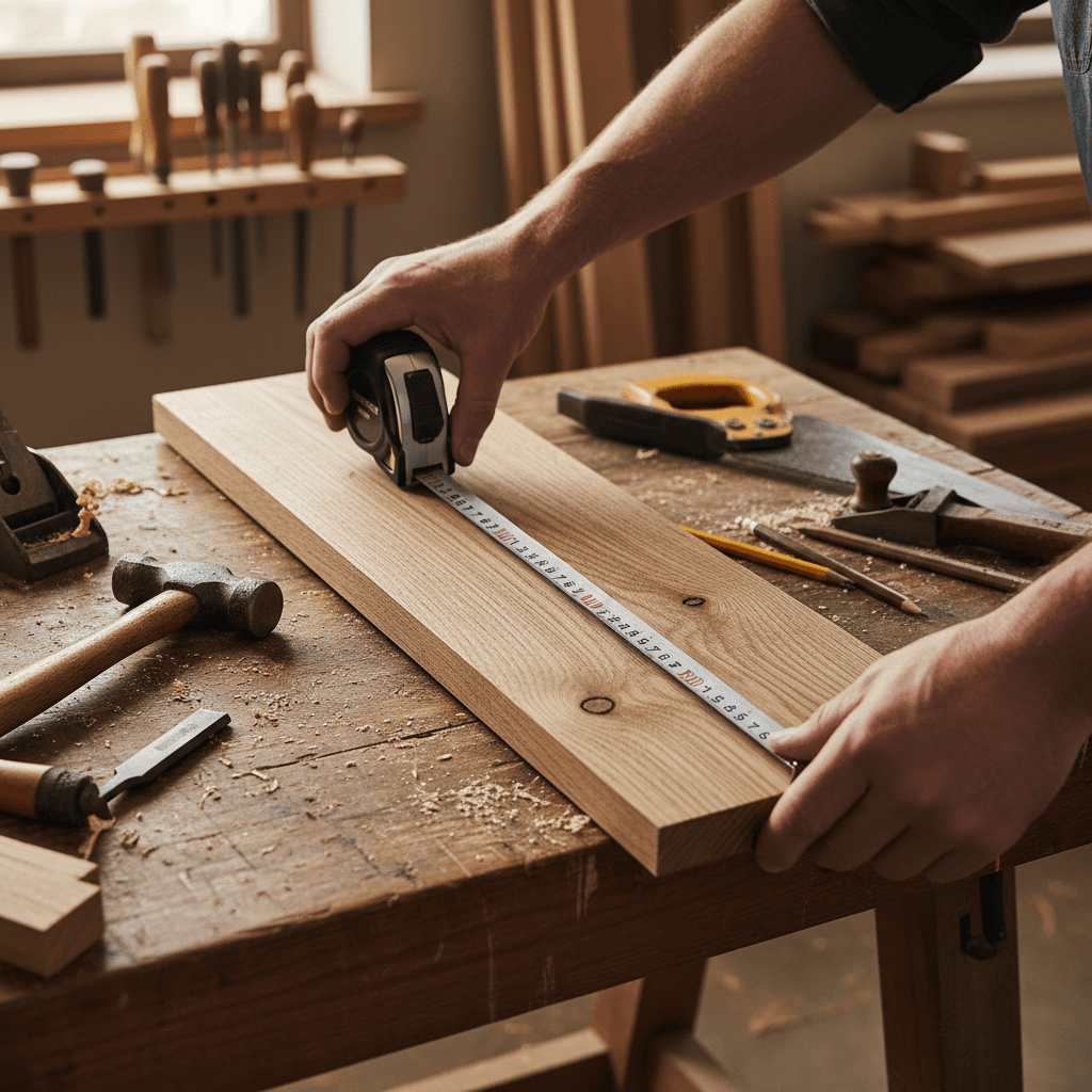Carpenter's hands measuring a wooden plank on a workbench with tools