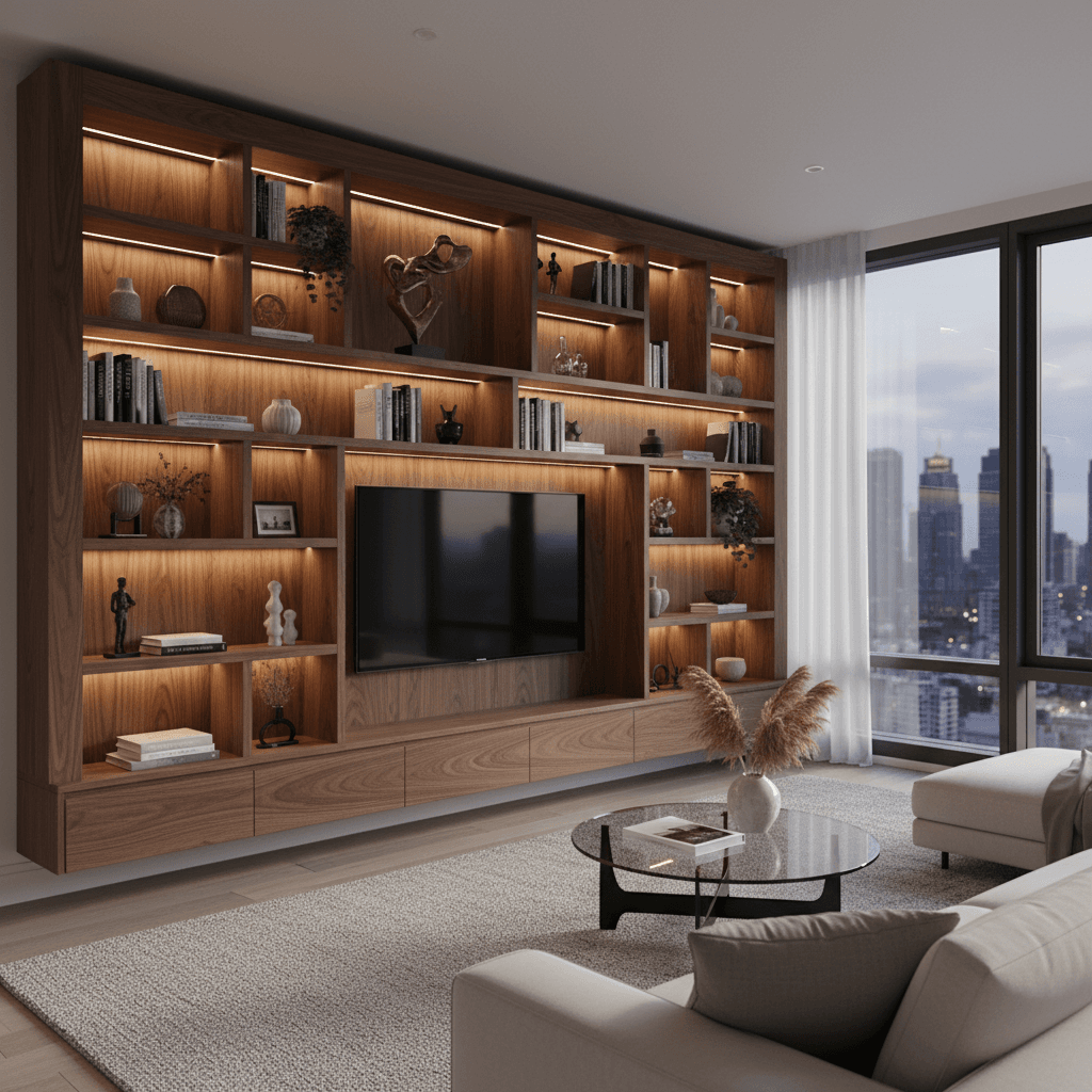Custom built-in wooden bookshelf with warm lighting in modern living room