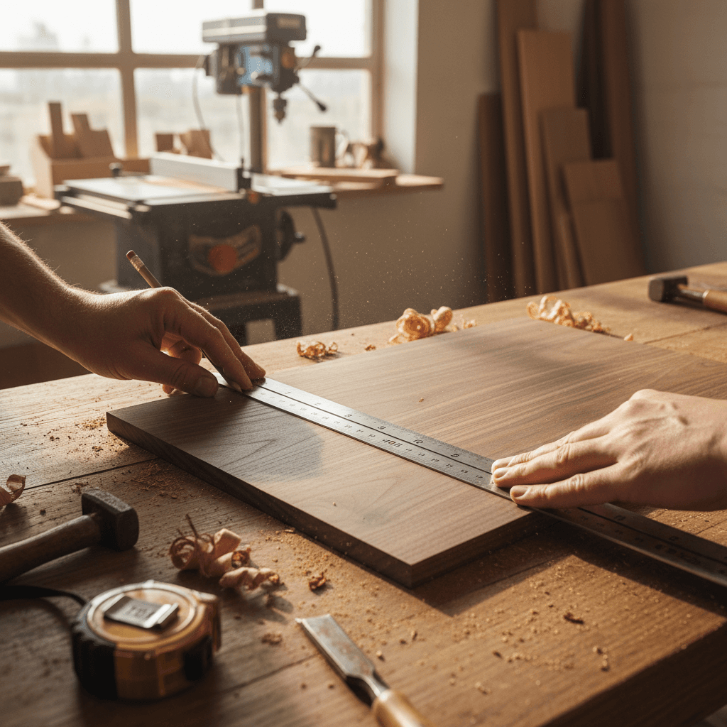 Carpenter measuring and cutting wood in a workshop