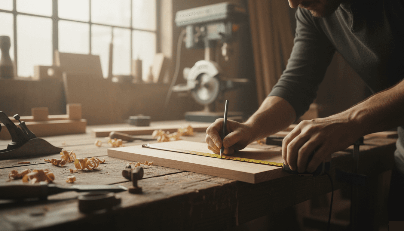 Carpenter measuring a piece of wood for a custom trim project