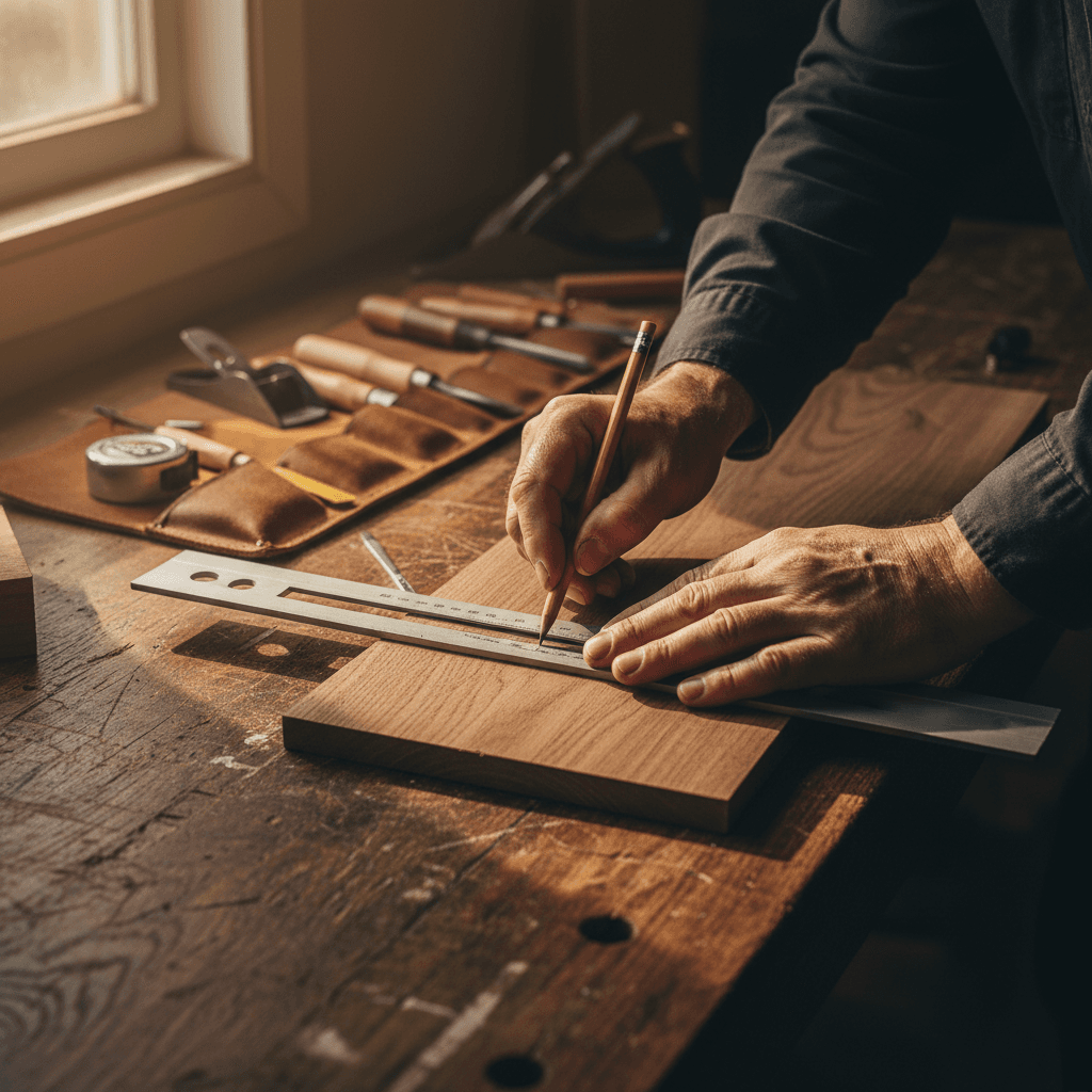 Carpenter measuring a piece of wood with a tape measure