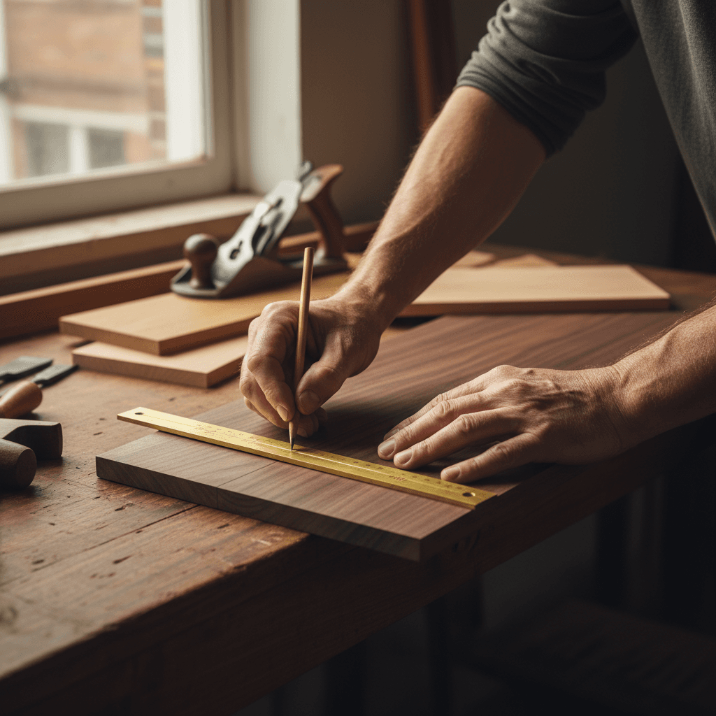 Carpenter measuring a piece of wood on a workbench in a bright workshop