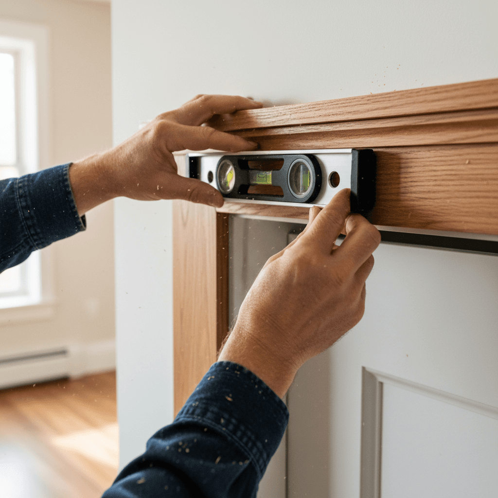 Carpenter installing custom wooden trim