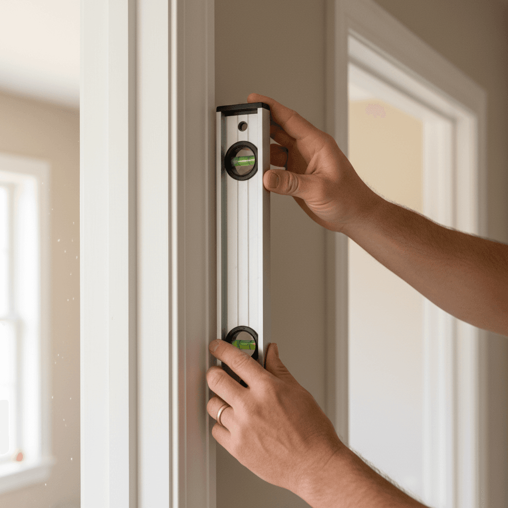 Carpenter installing wooden trim on a wall