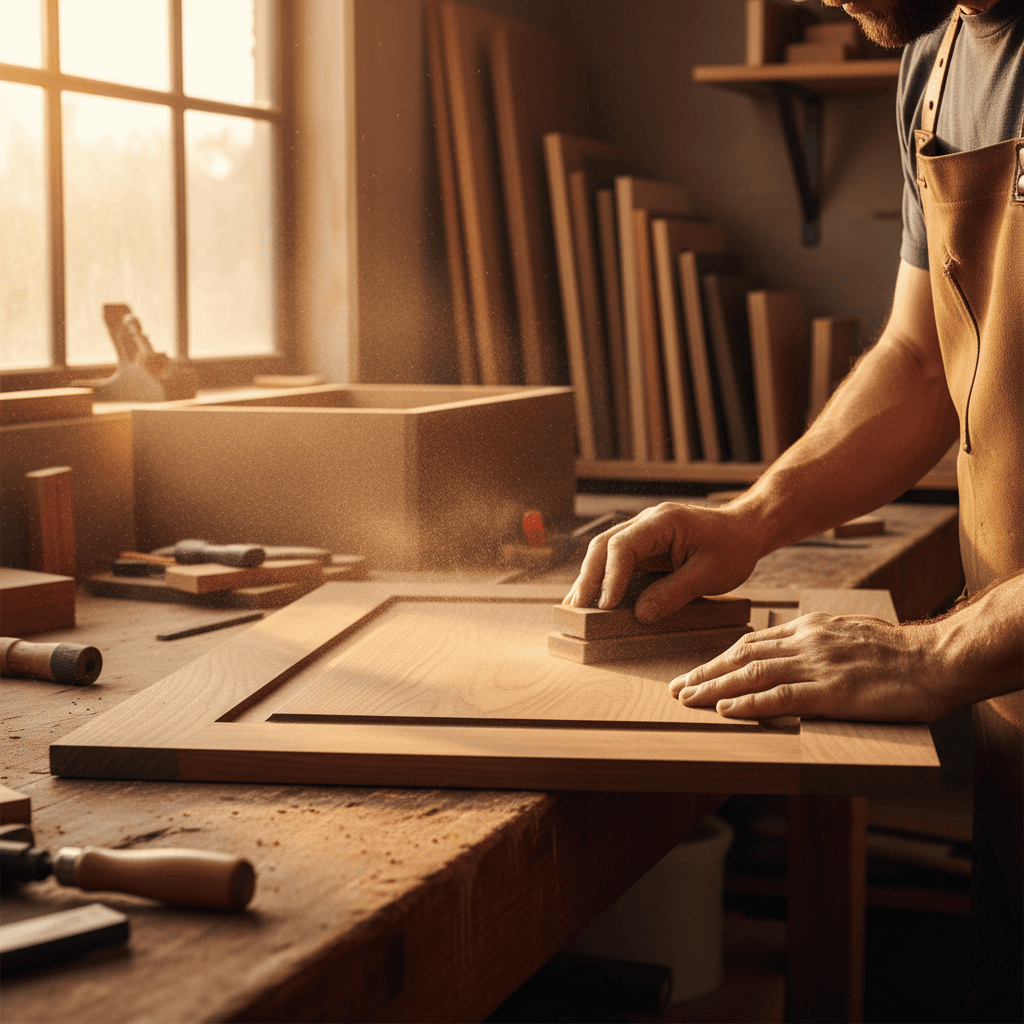 Carpenter working on a custom wooden cabinet in a workshop