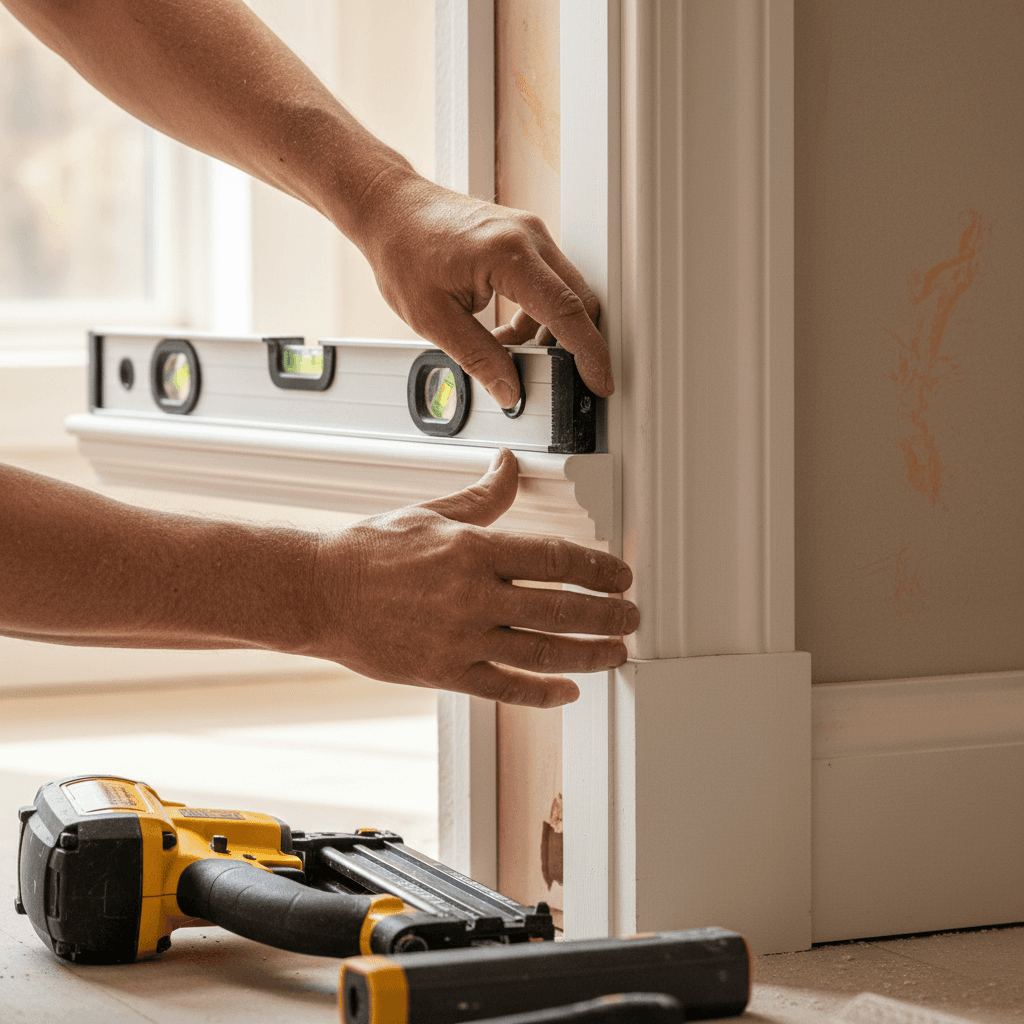 Carpenter installing trim molding in a bright room